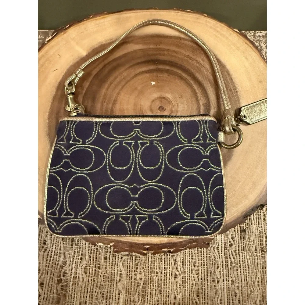 Coach Poppy Wristlet Small Wallet Pouch Purple Gold Leather Trim Canvas